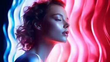 A woman in meditation with closed eyes against a vibrant neon backdrop AI Generated photo