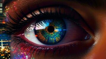 A person's eye with dazzling lights in the background AI Generated photo