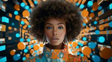 A woman with an afro against a vibrant blue and orange backdrop AI Generated photo