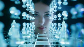 A woman studying a chess board with intense focus AI Generated photo