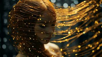 A woman with flowing hair illuminated by vibrant lights AI Generated photo