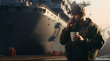 un hombre en el teléfono en frente de un majestuoso Embarcacion ai generado foto
