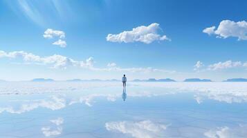 A person standing in the middle of a serene lake AI Generated photo