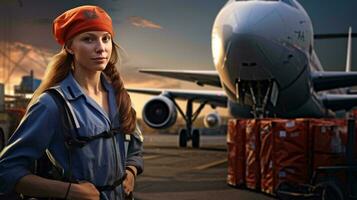 un mujer posando en frente de un avión ai generado foto