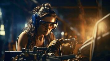 un mujer vistiendo auriculares trabajando en un máquina ai generado foto