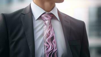 un elegante hombre vistiendo un traje con un vibrante rosado Corbata ai generado foto