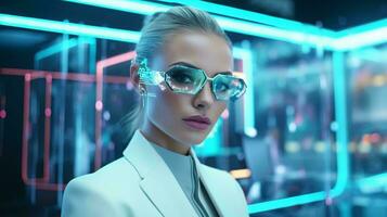 A stylish woman wearing futuristic glasses and a sleek suit AI Generated photo