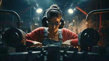 un mujer vistiendo auriculares y trabajando en un máquina ai generado foto