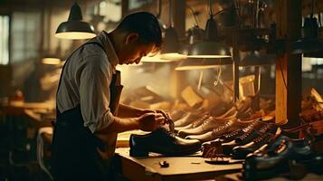A shoemaker crafting a pair of shoes in a traditional shoe shop AI Generated photo