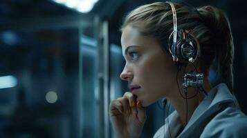 A woman enjoying music with headphones on AI Generated photo