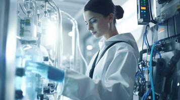 un mujer en un blanco laboratorio Saco trabajando en un máquina ai generado foto