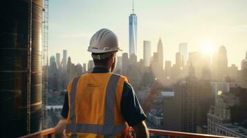 A man wearing a hard hat overlooking a bustling cityscape AI Generated photo