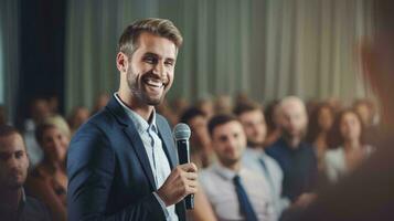 A man speaking into a microphone in front of a crowd AI Generated photo