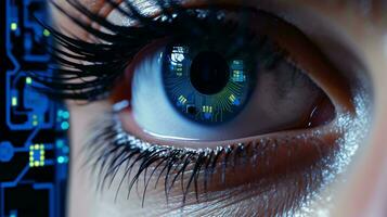 un de la persona ojo con un futurista circuito tablero fondo ai generado foto