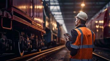 A man in an orange safety vest standing next to a train AI Generated photo