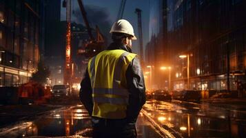 A construction worker in the bustling city at night AI Generated photo