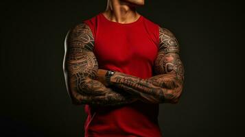 un hombre con tatuajes en su brazos vistiendo un rojo camisa ai generado foto