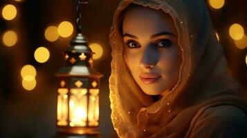 A woman wearing a headscarf next to a lantern AI Generated photo