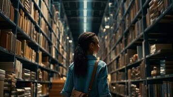 un mujer inmerso en conocimiento, rodeado por libros en un biblioteca ai generado foto
