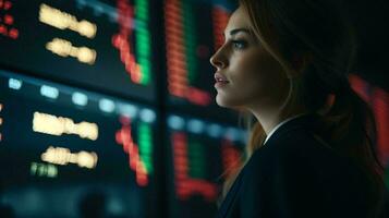 A woman analyzing stock market data on a digital display AI Generated photo