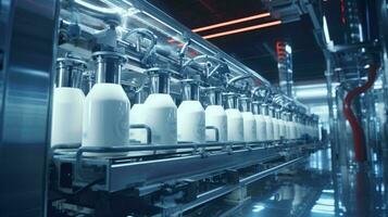 A conveyor belt with a row of milk bottles AI Generated photo