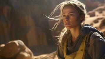 A woman standing in a desert landscape surrounded by rocks AI Generated photo
