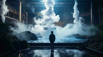 A man standing in front of a smoke-filled factory AI Generated photo