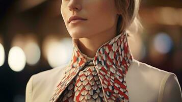 A woman wearing a white shirt and a red and blue neck tie AI Generated photo