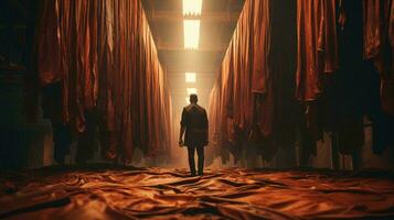 A man standing in a dimly lit room with vibrant orange drapes AI Generated photo