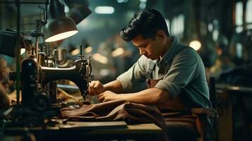 un hombre operando un de coser máquina en un fábrica ajuste ai generado foto