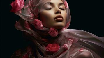 A woman wearing a veil and adorned with flowers on her head AI Generated photo