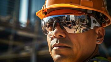 A man wearing safety gear for protection on a construction site AI Generated photo