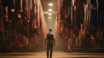 A man surrounded by a sea of clothes in a cluttered room AI Generated photo