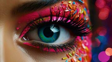 un mujer ojo con vibrante y artístico maquillaje ai generado foto