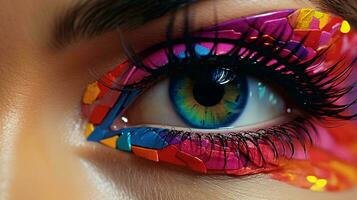 A mesmerizing close-up of a woman's eye adorned with vibrant and artistic makeup AI Generated photo