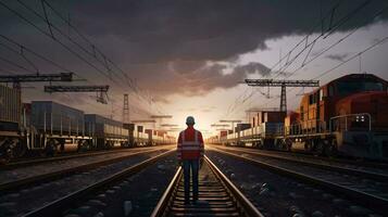 A man standing next to a train on a train track AI Generated photo