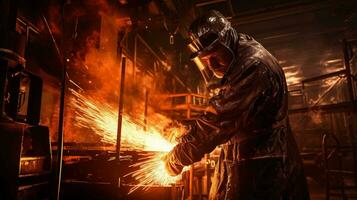 un soldador trabajando en metal fabricación en un fábrica ai generado foto