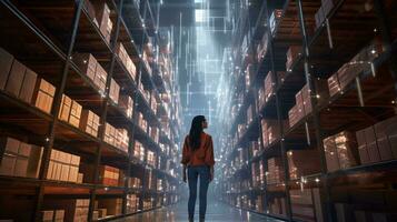 A woman standing in a warehouse surrounded by shelves AI Generated photo