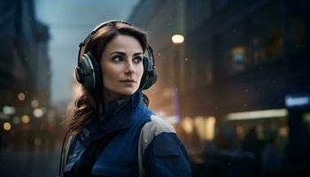 A woman listening to music in a bustling city at night AI Generated photo