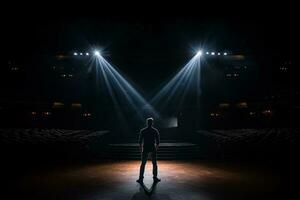 A man standing in front of a stage with three spotlights AI Generated photo