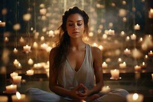 un mujer en un yoga actitud rodeado por parpadeando velas ai generado foto