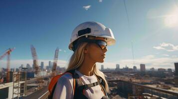 A woman in safety gear on a construction site AI Generated photo