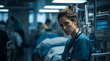 A woman in scrubs standing in a hospital room AI Generated photo