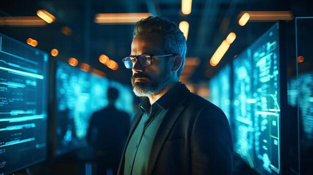 A man using a computer in a modern office setting AI Generated photo