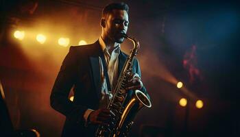 un hombre jugando el saxofón en un elegante traje ai generado foto