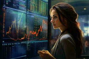 A woman analyzing stock market data on a digital screen AI Generated photo