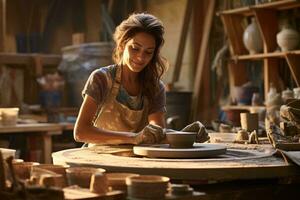 A woman working on a pottery wheel in a pottery shop AI Generated photo