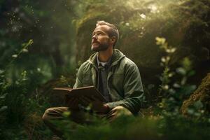 A man enjoying solitude and literature in the serene beauty of the woods AI Generated photo