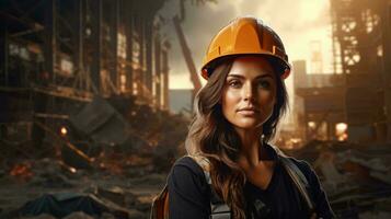 A woman wearing a hard hat in a factory AI Generated photo