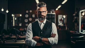 un barbado hombre con lentes en un tradicional Barbero tienda ai generado foto